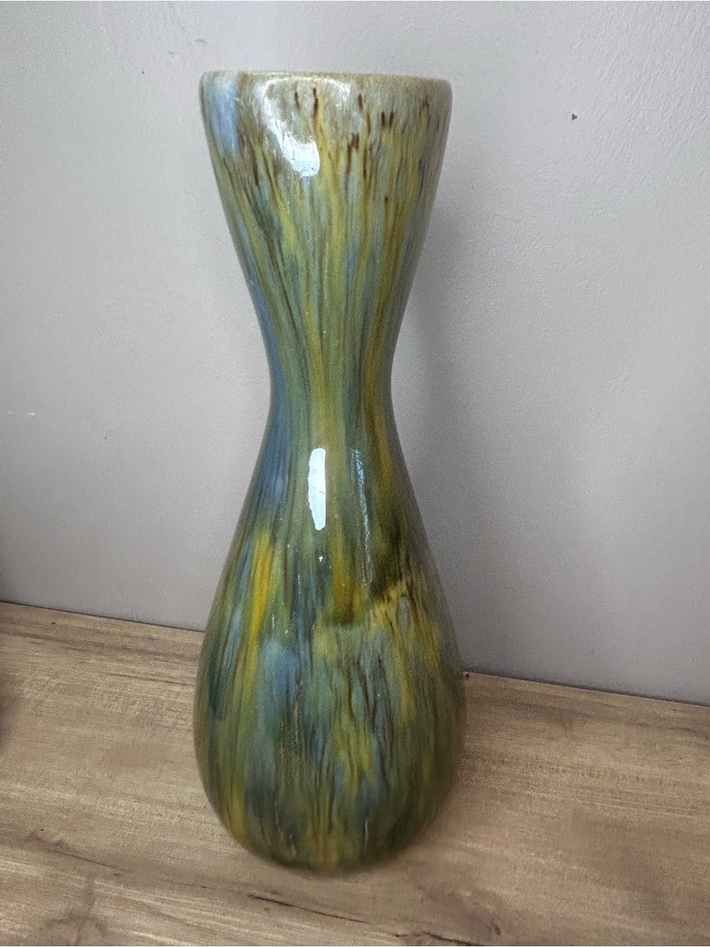 Vintage Green and Yellow Drip-Glaze Hourglass Vase